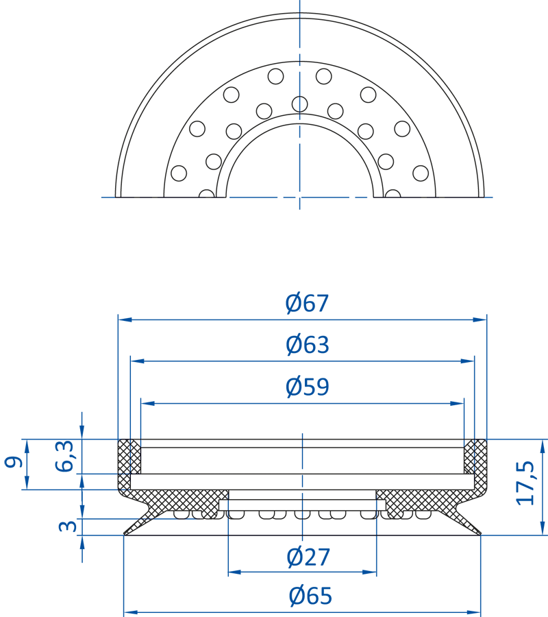 Размеры плоской вакуумной присоски FIPA  серии SFK-G 154.065.003